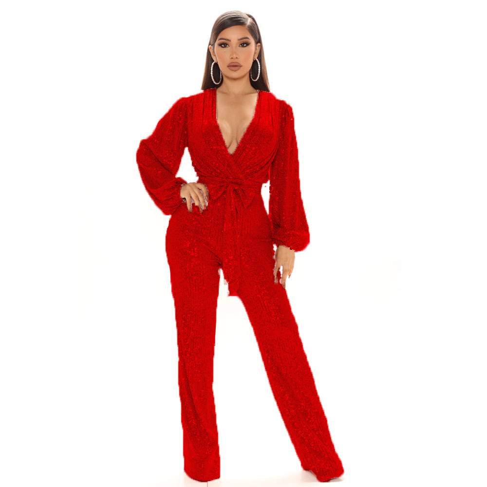 JUMPSUITS SEQUINS DEEP V NECK LONG SLEEVE PANTS PANTS