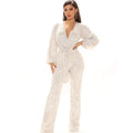 JUMPSUITS SEQUINS DEEP V NECK LONG SLEEVE PANTS PANTS