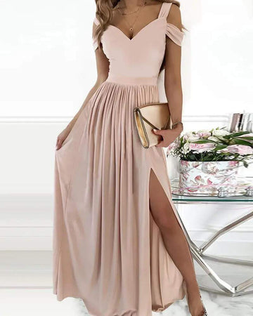 COLD SHOULDER RUCHED HIGH SLIT EVENING DRESS