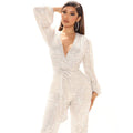 JUMPSUITS SEQUINS DEEP V NECK LONG SLEEVE PANTS PANTS