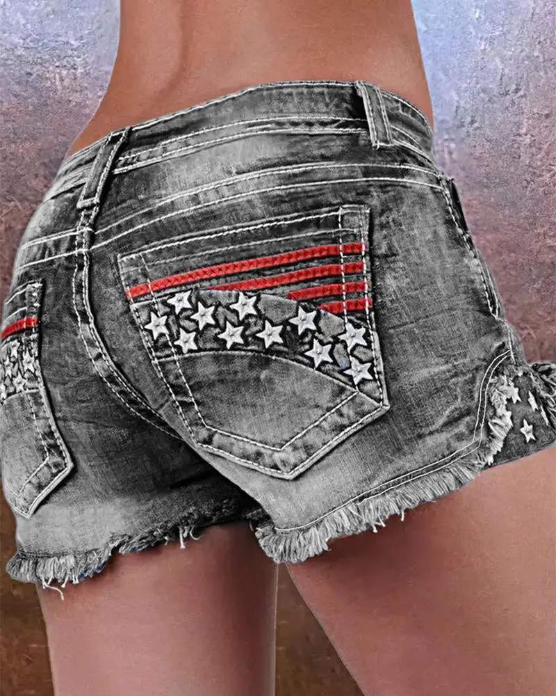 INDEPENDENCE DAY PATTERN DISTRESSED RAW HEM DENIM SHORTS