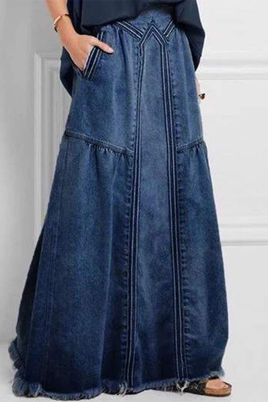 DENIM MAXI SKIRT WITH FRINGE HEM