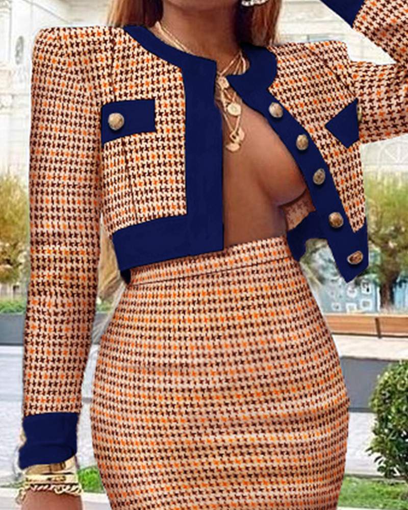 NEW Houndstooth Print Colorblock Buttoned Tweed Coat Skirt Set