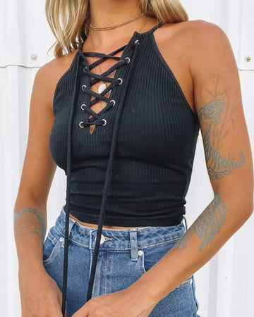 Eyelet Lace Up Plain Strappy Top