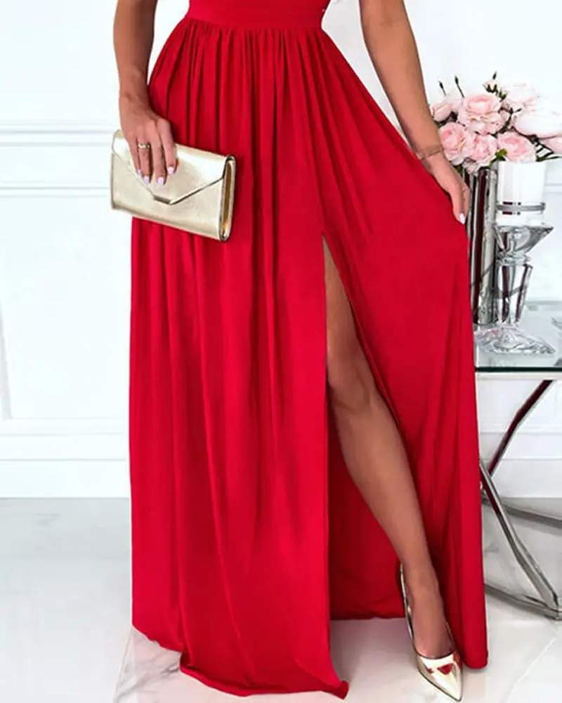 COLD SHOULDER RUCHED HIGH SLIT EVENING DRESS