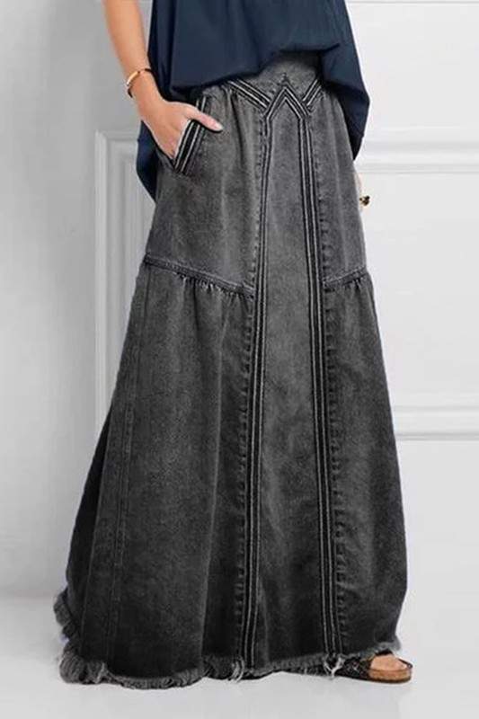 DENIM MAXI SKIRT WITH FRINGE HEM