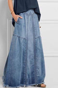 DENIM MAXI SKIRT WITH FRINGE HEM