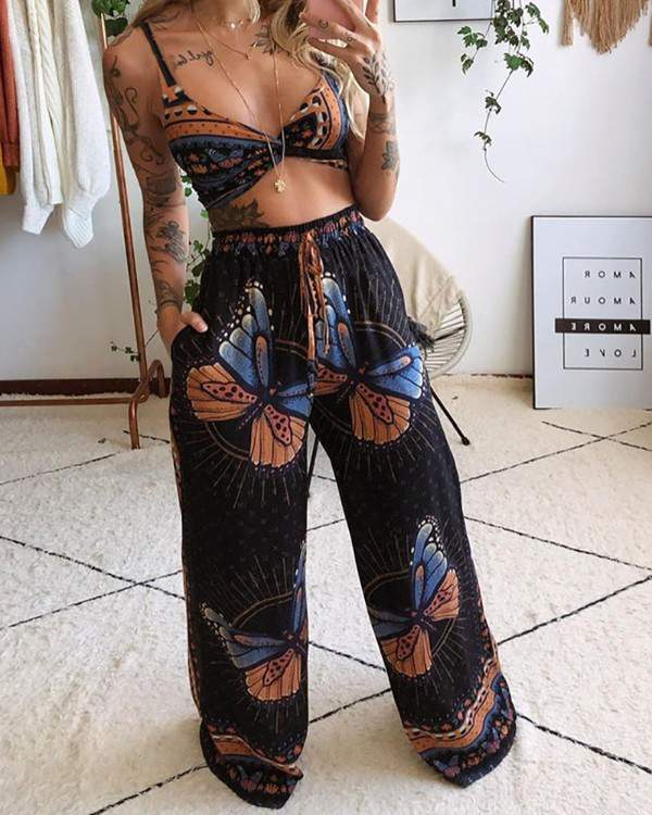 Butterfly Graphic Print Crop Top Wide Leg Pants Set