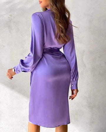 KNOTTED SLIT RUCHED SATIN SHIRT DRESS