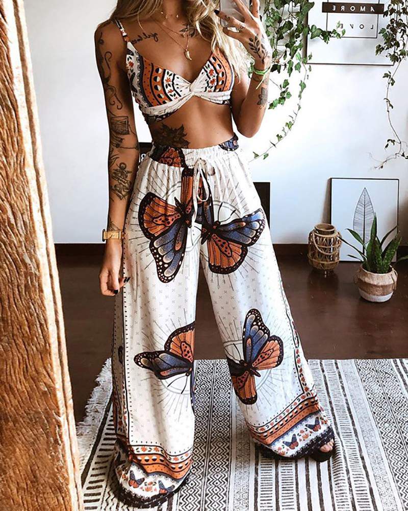 Butterfly Graphic Print Crop Top Wide Leg Pants Set