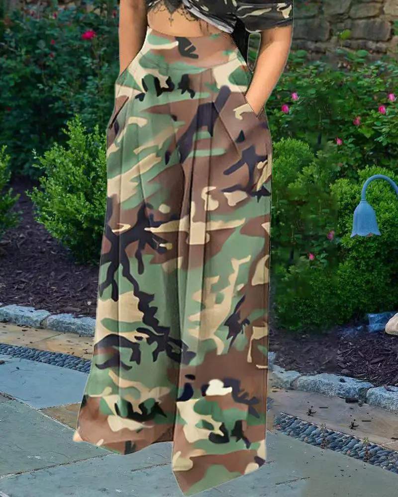 PLUS SIZE CAMOUFLAGE PRINT HIGH WAIST WIDE LEG PANTS