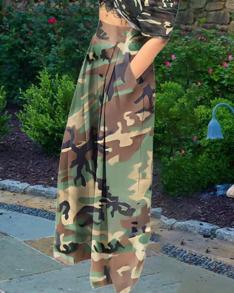 PLUS SIZE CAMOUFLAGE PRINT HIGH WAIST WIDE LEG PANTS