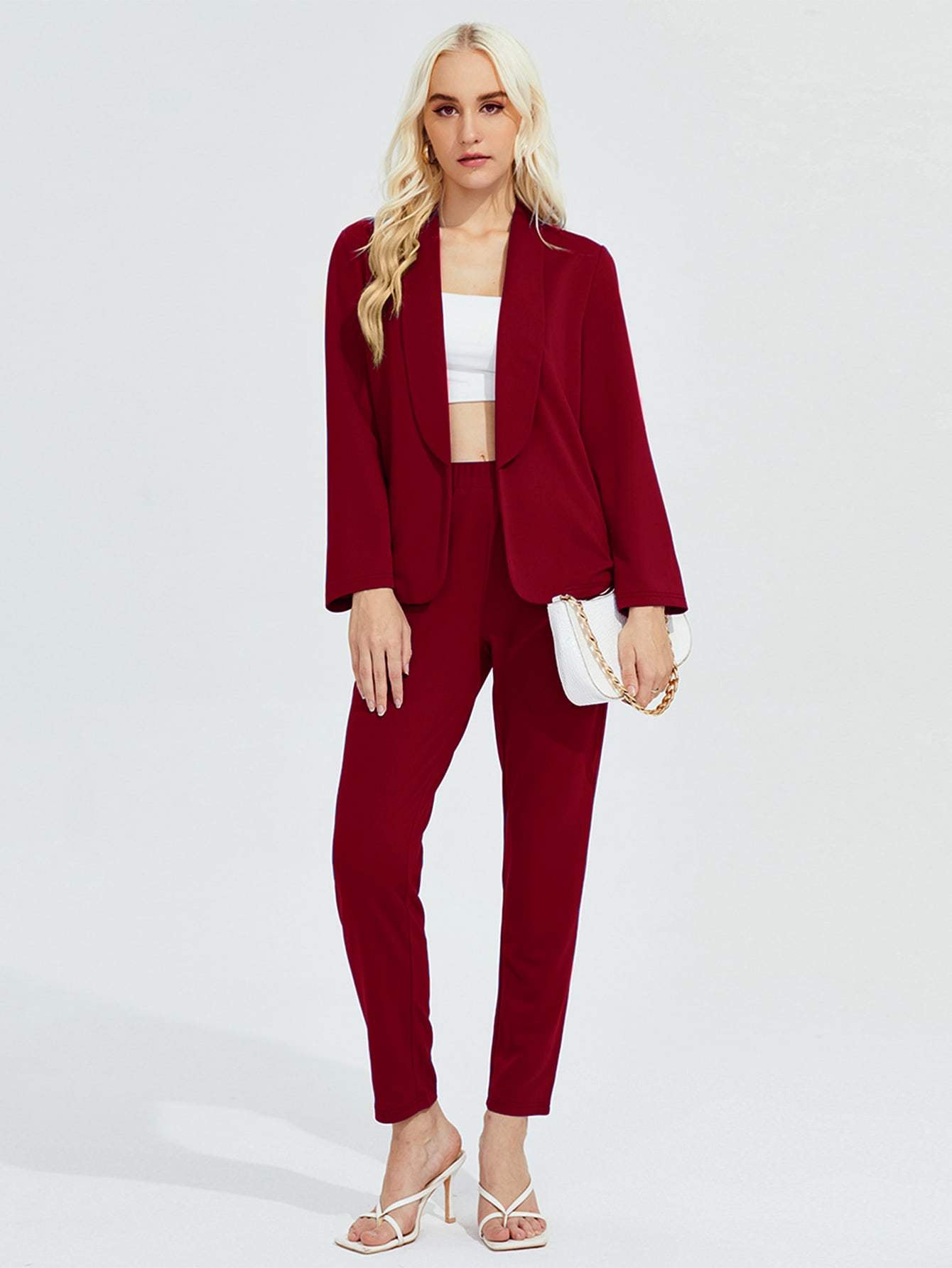 SHAWL COLLAR OPEN FRONT BLAZER AND SLANT POCKET PANTS SET