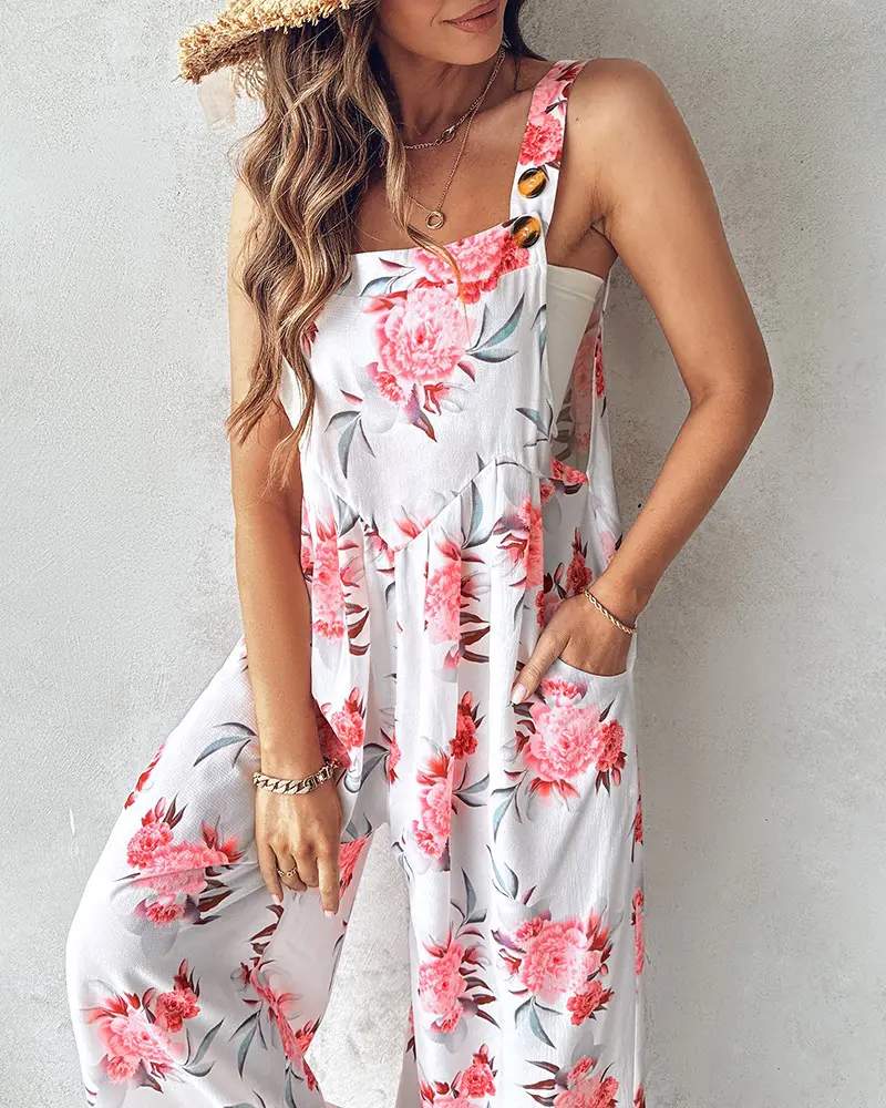 FLORAL PRINT WIDE LEG SUSPENDER JUMPSUIT