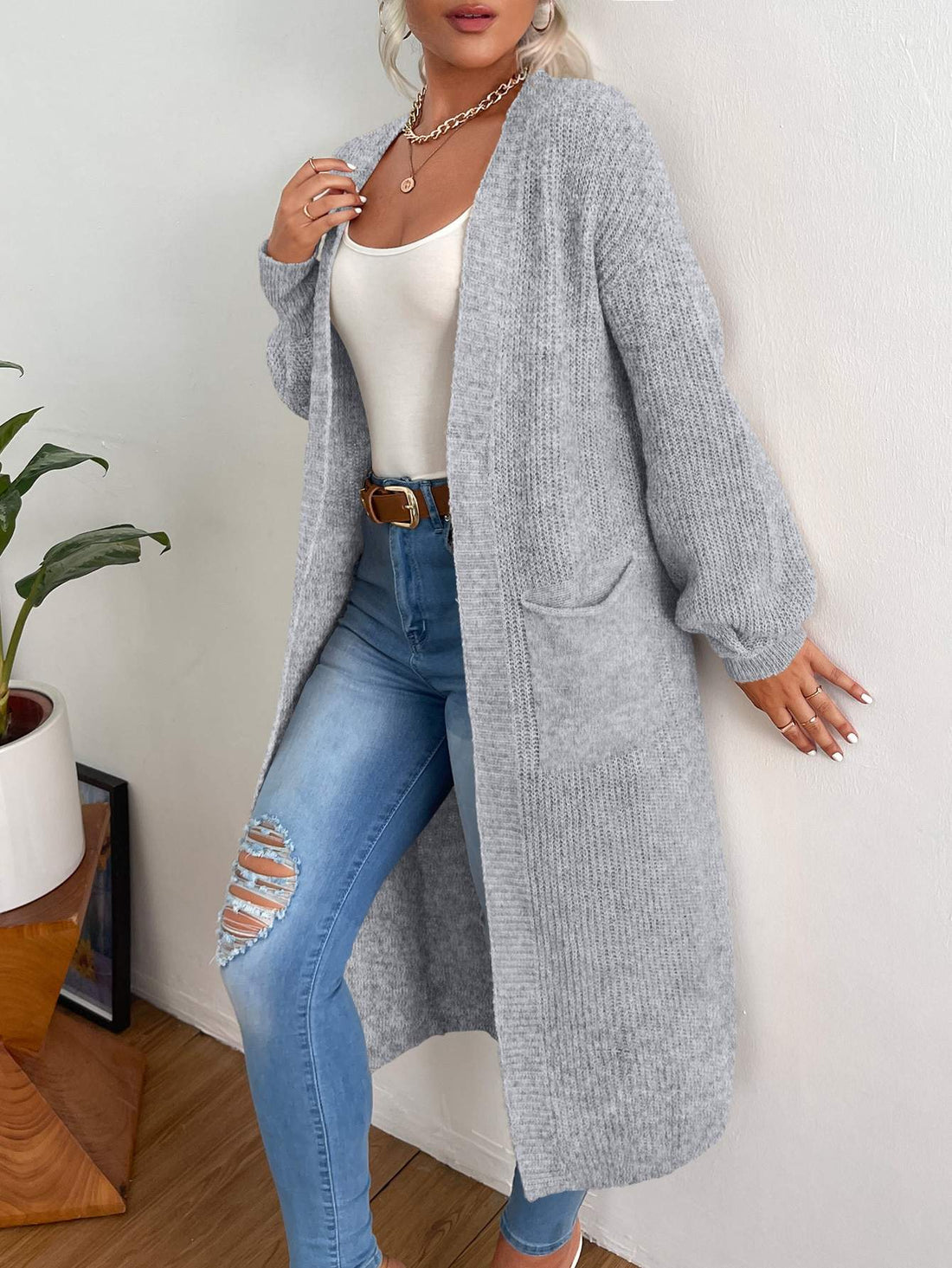 DOUBLE POCKET DROP SHOULDER DUSTER CARDIGAN