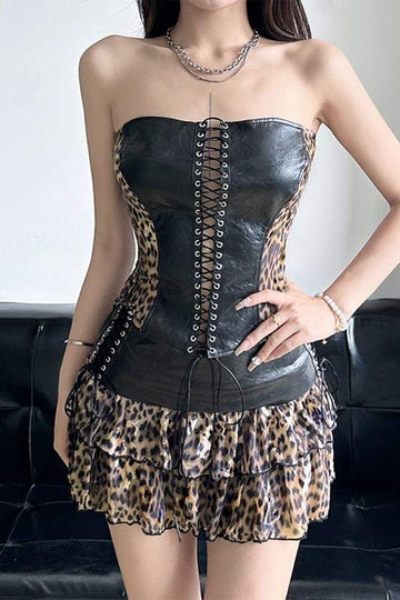 LEOPARD PATCHWORK FAUX LEATHER MINI SKIRT SET