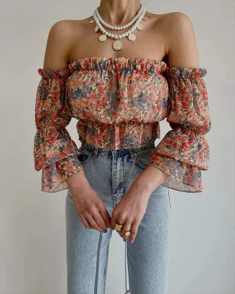 FLORAL PRINT OFF SHOULDER BELL SLEEVE CHIFFON TOP