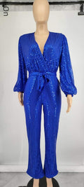 JUMPSUITS SEQUINS DEEP V NECK LONG SLEEVE PANTS PANTS