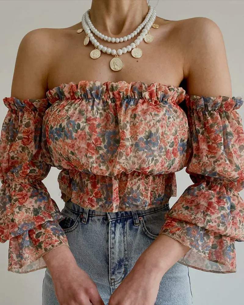 FLORAL PRINT OFF SHOULDER BELL SLEEVE CHIFFON TOP