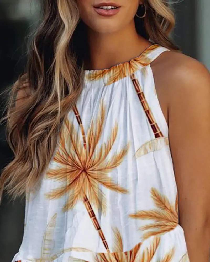 PALM TREE PRINT RUFFLE HEM TANK TOP