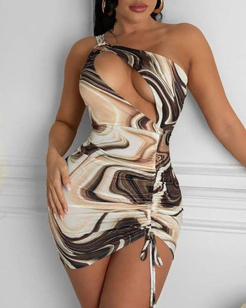 Colorblock One Shoulder Cutout Ruched Bodycon Dress