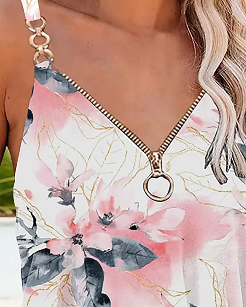 V NECK SLEEVELESS ZIPPER DECOR FLORAL PRINT TOP