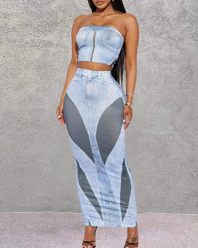 DENIM LOOK PRINT BANDEAU TOP SKIRT SET