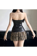 LEOPARD PATCHWORK FAUX LEATHER MINI SKIRT SET