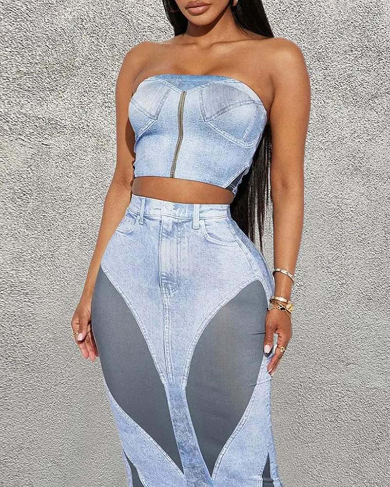 DENIM LOOK PRINT BANDEAU TOP SKIRT SET