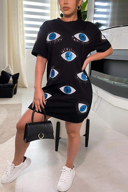 SEQUINS EYES T SHIRT MINI DRESS