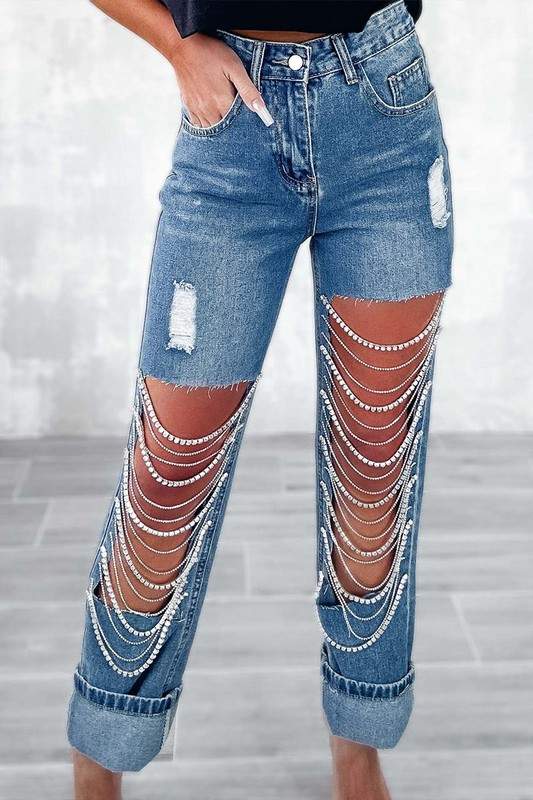 RHINESTONE FRINGES JEANS