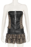 LEOPARD PATCHWORK FAUX LEATHER MINI SKIRT SET