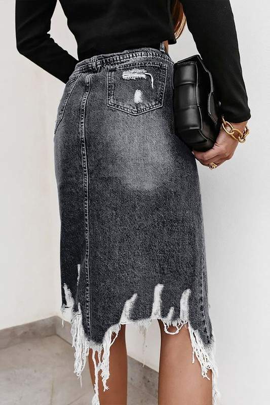 IRREGULAR FRAYED DEINIM MIDI SKIRT