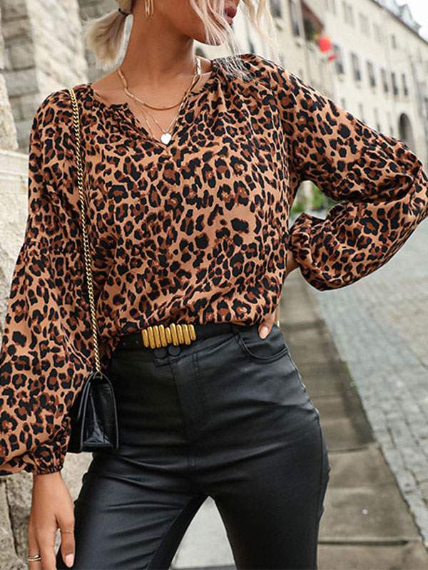 SHIRT FOR WOMEN KHAKI POLYESTER VNECK LEOPARD PRINT LONG SLEEVES CLASSIC SUMMER T SHIRT