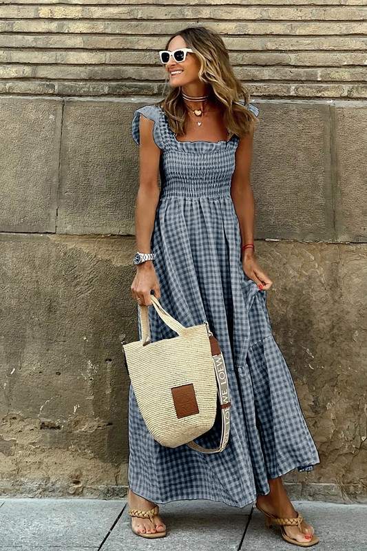 CHECKERED RUFFLE MAXI DRESS