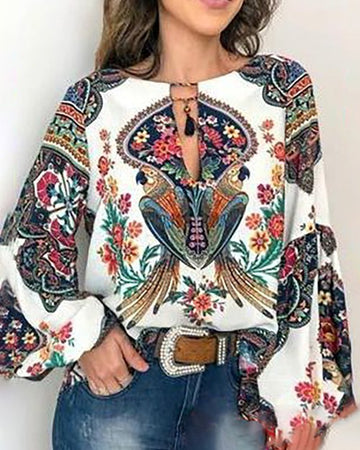 Print O-neck Lantern Sleeve Shirt