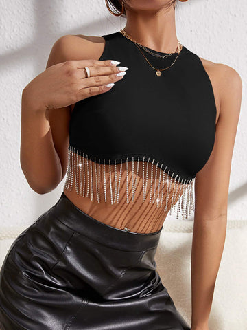 RHINESTONE FRINGE ZIP BACK TANK TOP