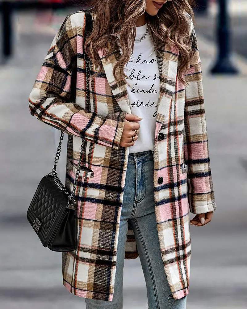 PLAID PRINT POCKET DETAIL LONG SLEEVE COAT