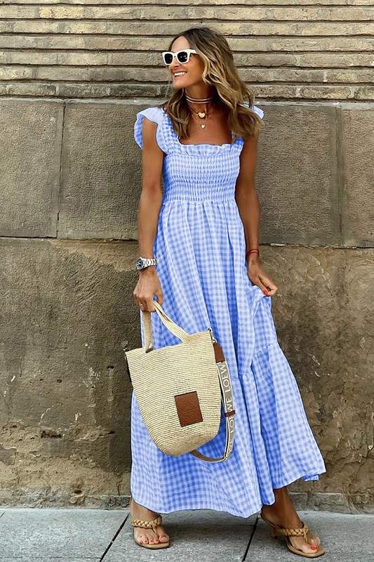 CHECKERED RUFFLE MAXI DRESS