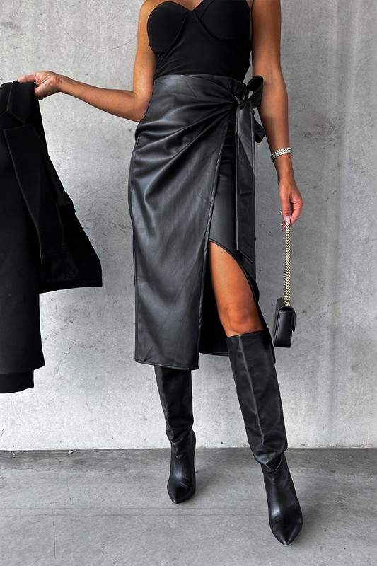 SPLIT BELTED PENCIL PU LEATHER MIDI SKIRT