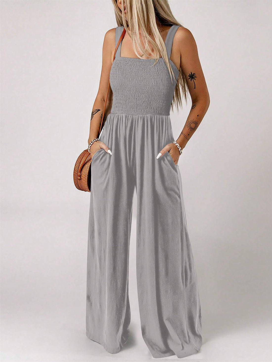 ACELITT SOLID SLANT POCKET WIDE LEG CAMI JUMPSUIT