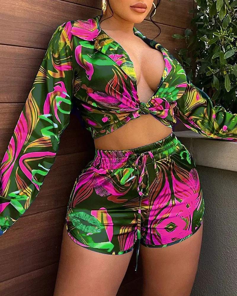 TROPICAL PRINT SHIRT DRAWSTRING SHORTS SET