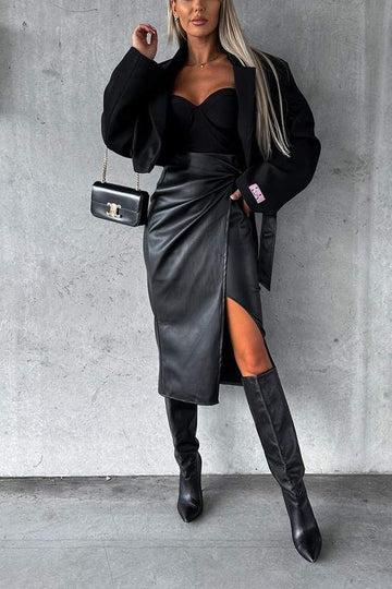 SPLIT BELTED PENCIL PU LEATHER MIDI SKIRT