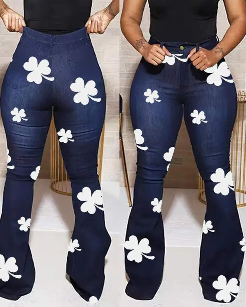 ST PATRICK S DAY LUCKY SHAMROCK PRINT HIGH WAIST FLARED LEG JEANS