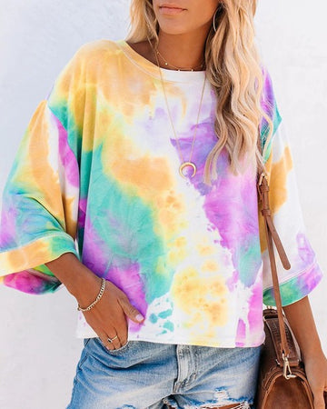 Tie Dye Print Bell Sleeve Casual Top