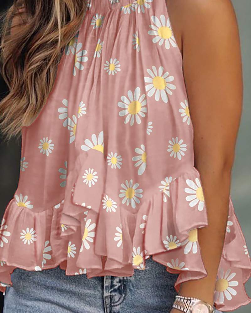 Daisy Print Layered Ruffles Sleeveless Top