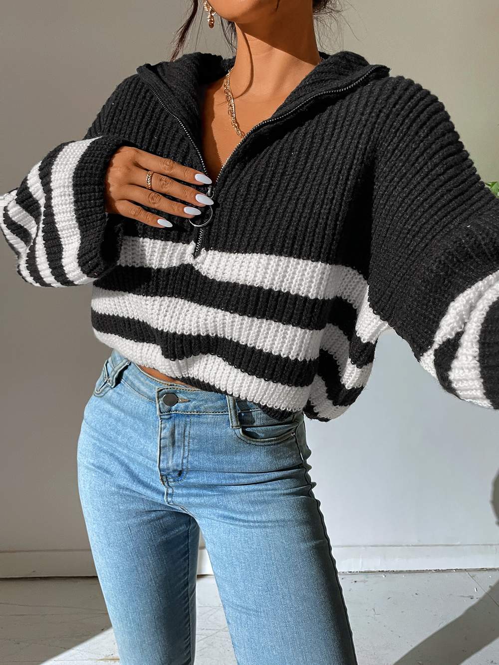 STRIPED PATTERN HALF ZIP DROP SHOULDER SWEATER