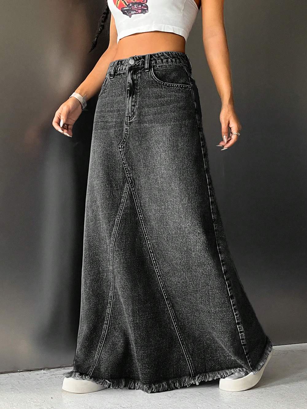 ICON HIGH WAIST RAW HEM MAXI DENIM SKIRT