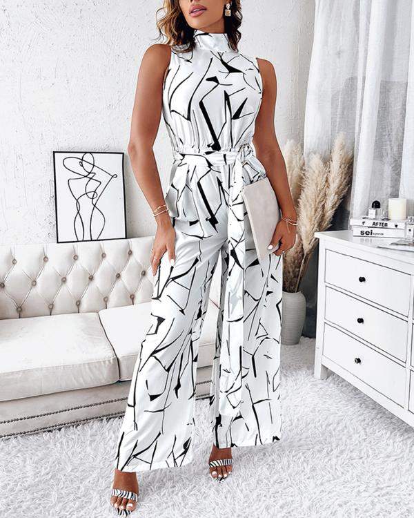 NEW ABSTRACT PRINT SLEEVELESS WIDE LEG BELTED JUMPSUIT