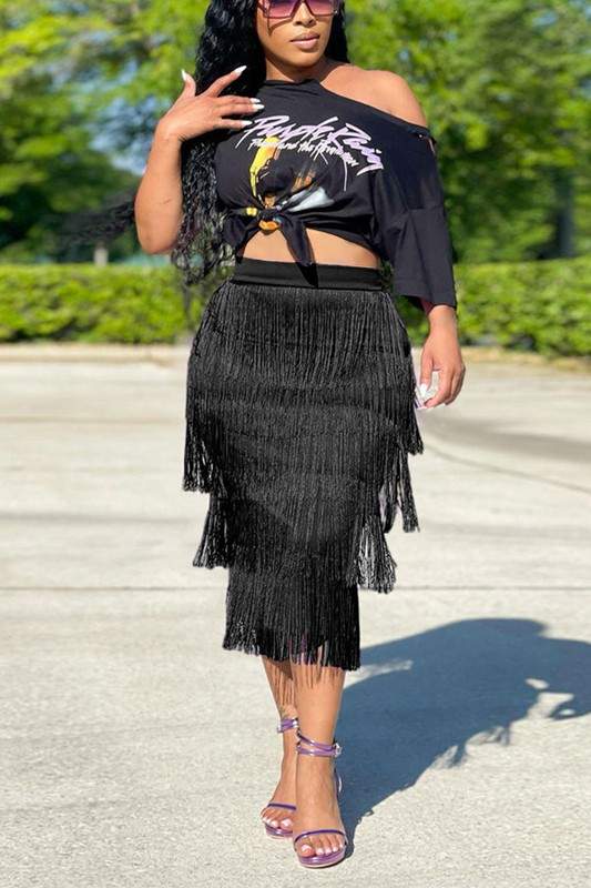 LAYERED FRINGE MIDI SKIRT